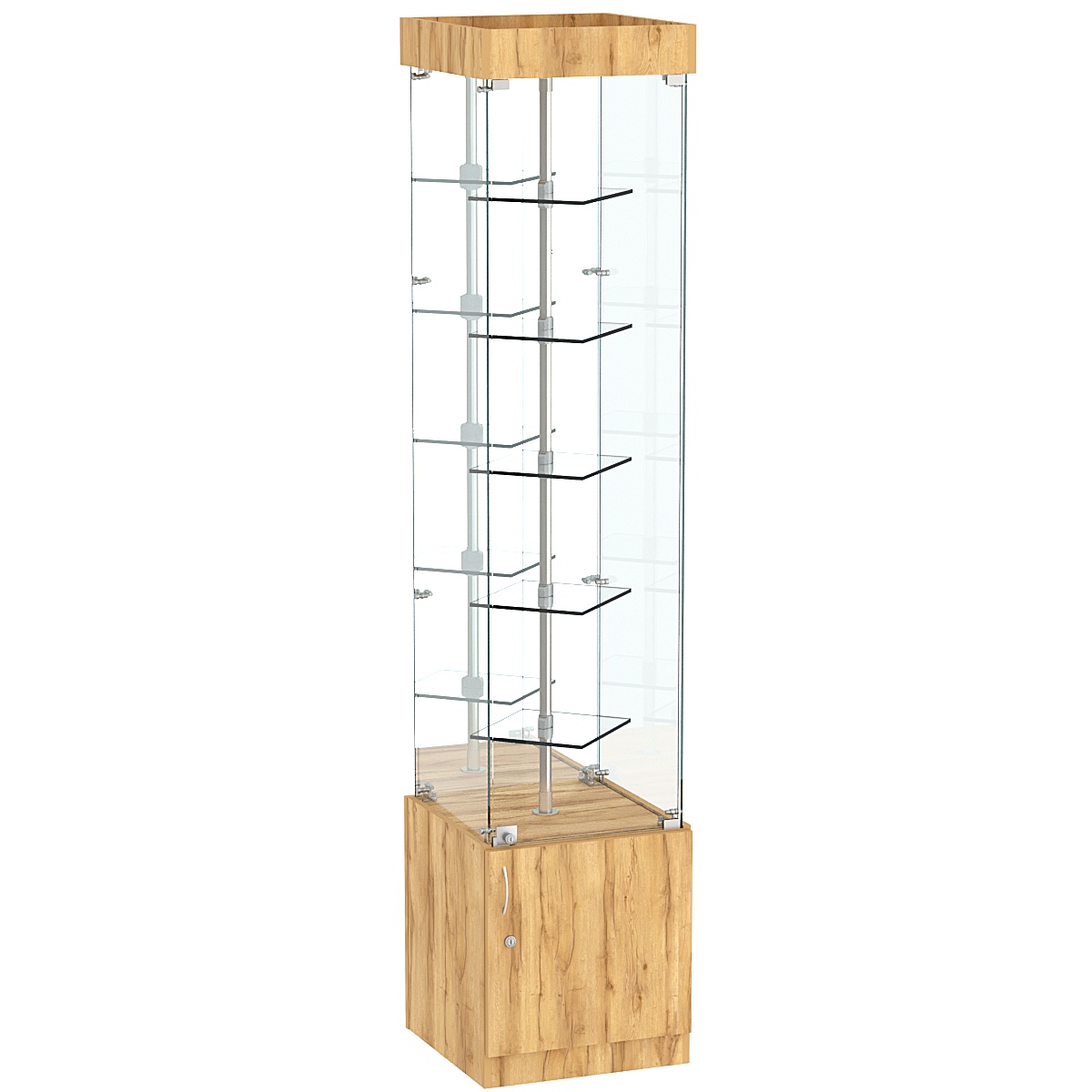 Стеклянная торговая витрина малая с зеркальной стенкой и двойными полками из прозрачного стекла Фрактал №4-1 Дуб Золотистый