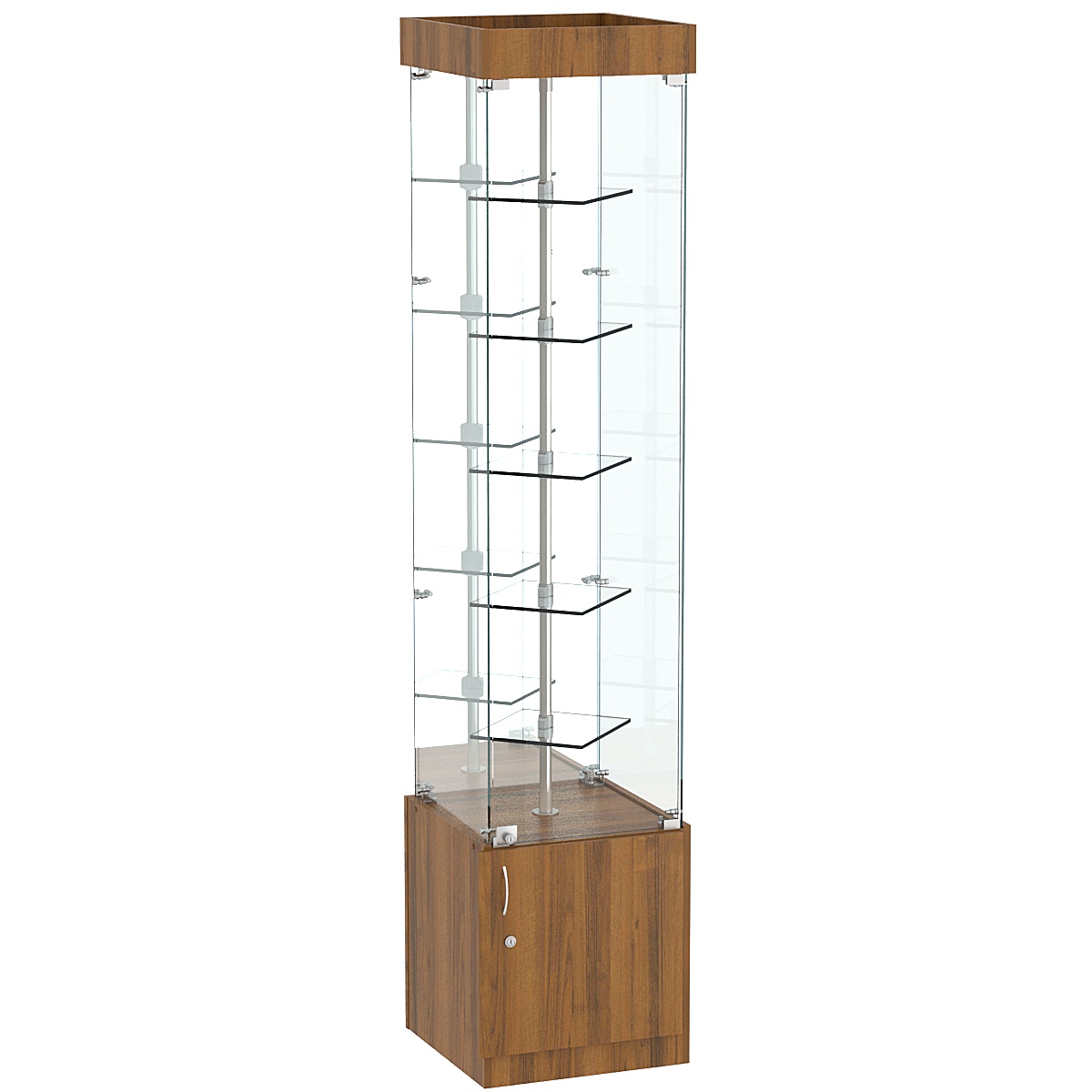 Стеклянная торговая витрина малая с зеркальной стенкой и двойными полками из прозрачного стекла Фрактал №4-1 Орех