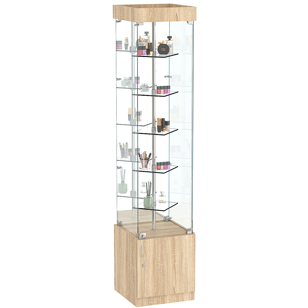 Стеклянная торговая витрина малая с зеркальной стенкой и двойными полками из прозрачного стекла Фрактал №4-1 Дуб сонома