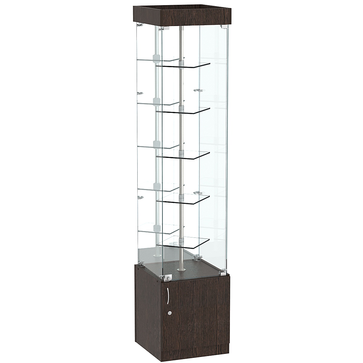Стеклянная торговая витрина малая с зеркальной стенкой и двойными полками из прозрачного стекла Фрактал №4-1 Дуб Венге