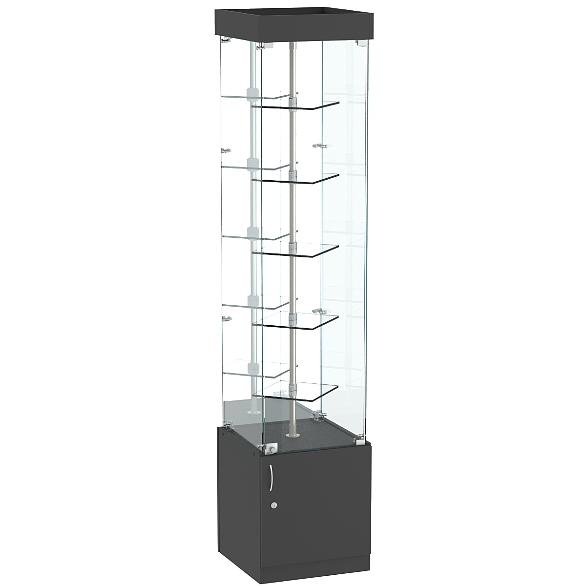 Стеклянная торговая витрина малая с зеркальной стенкой и двойными полками из прозрачного стекла Фрактал №4-1 Черный