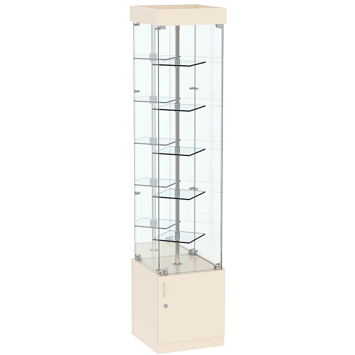 Стеклянная торговая витрина малая с зеркальной стенкой и двойными полками из прозрачного стекла Фрактал №4-1 Крем Вайс