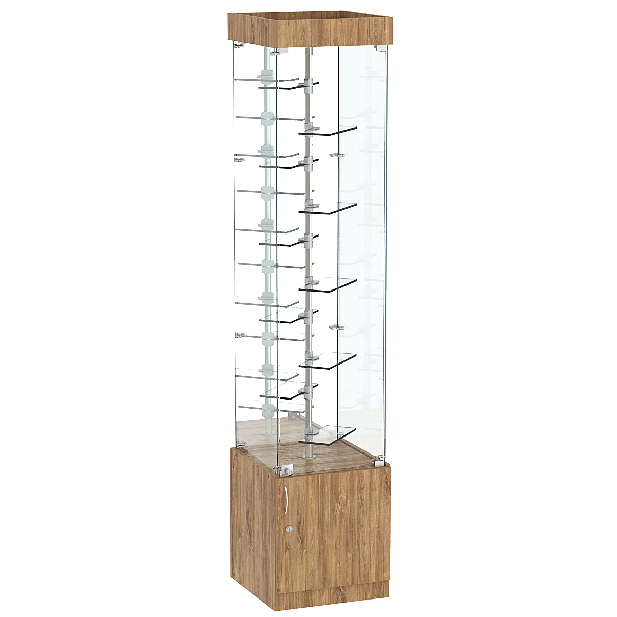 Стеклянная торговая витрина квадратная с зеркалом и десятью миниатюрными прозрачными полочками Фрактал №4-2 Дуб канзас коричневый Н1113 ST10