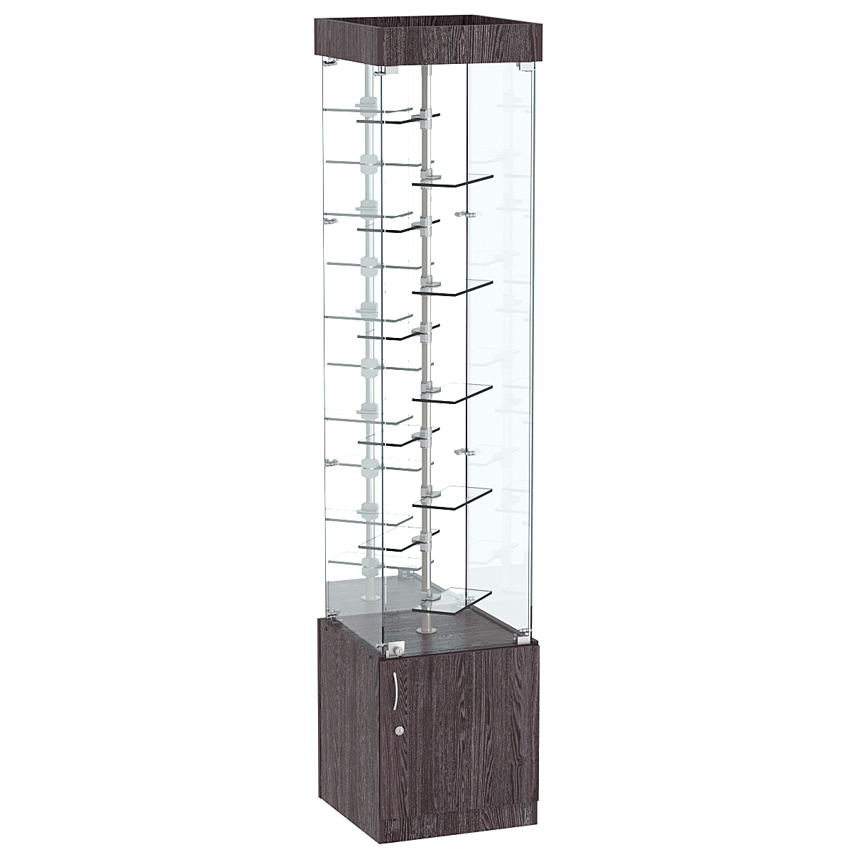 Стеклянная торговая витрина квадратная с зеркалом и десятью миниатюрными прозрачными полочками Фрактал №4-2 Ясень Анкор темный - U31105