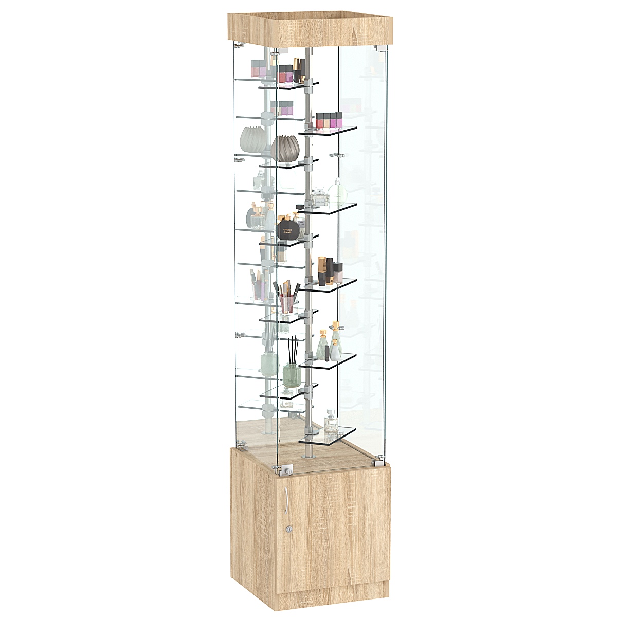 Стеклянная торговая витрина квадратная с зеркалом и десятью миниатюрными прозрачными полочками Фрактал №4-2 Дуб сонома