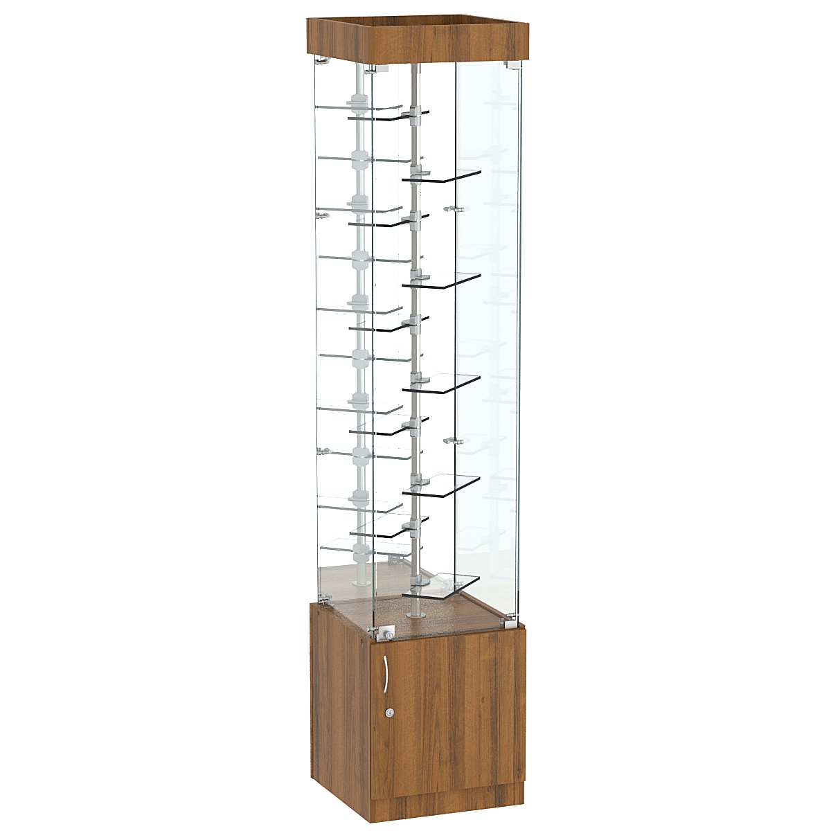 Стеклянная торговая витрина квадратная с зеркалом и десятью миниатюрными прозрачными полочками Фрактал №4-2 Орех