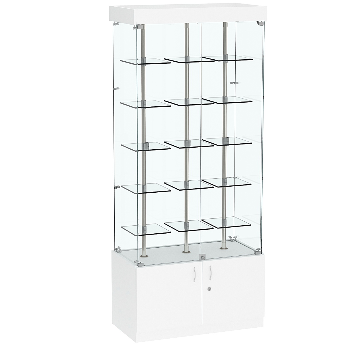 Стеклянная торговая витрина широкая с верхней подсветкой и маленькими прозрачными полками Фрактал №1-1 Белый