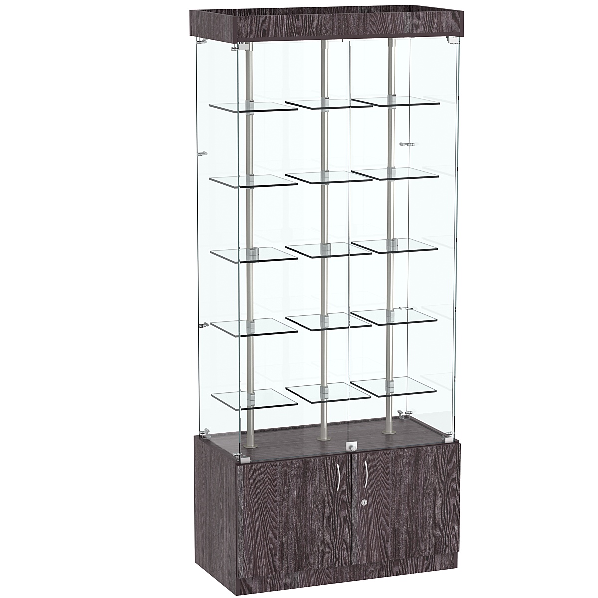 Стеклянная торговая витрина широкая с верхней подсветкой и маленькими прозрачными полками Фрактал №1-1 Ясень Анкор темный - U31105