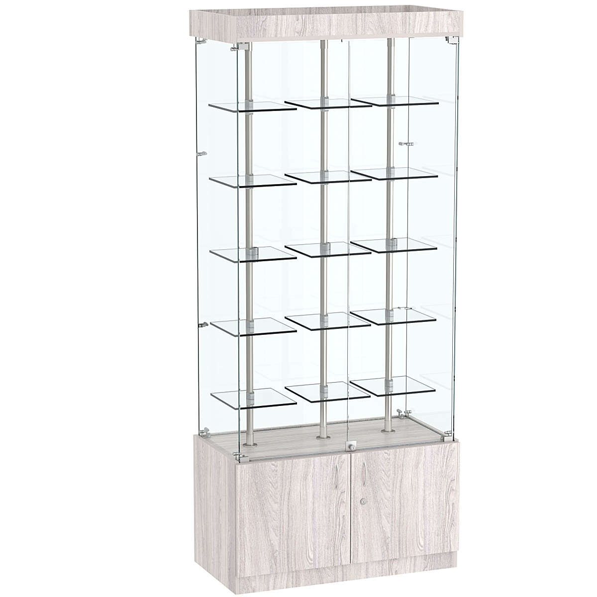 Стеклянная торговая витрина широкая с верхней подсветкой и маленькими прозрачными полками Фрактал №1-1 Ясень Анкор светлый - U31104
