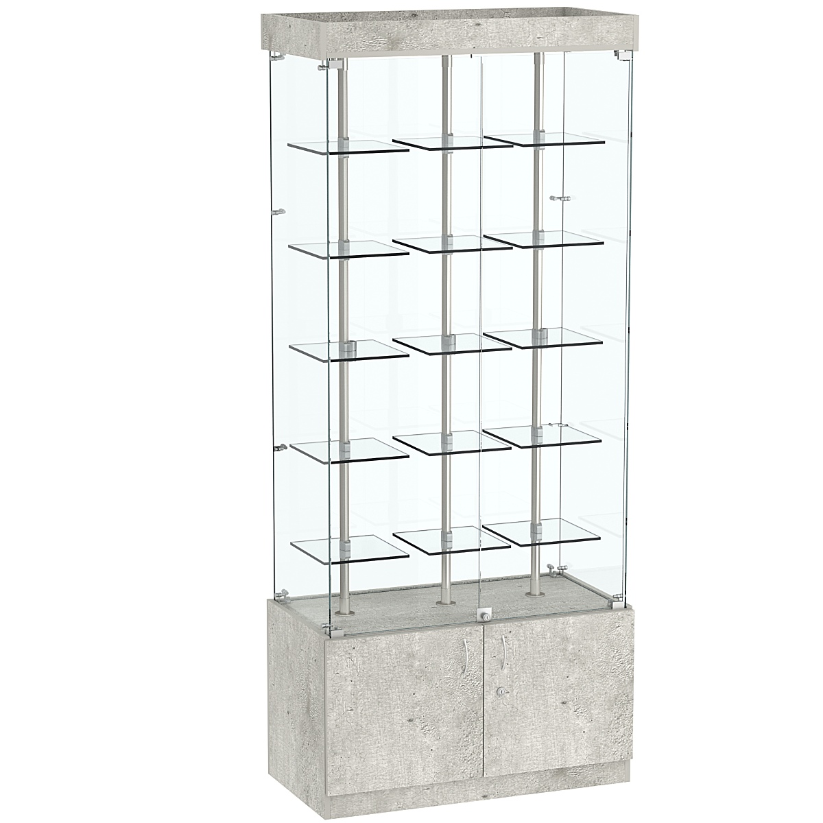 Стеклянная торговая витрина широкая с верхней подсветкой и маленькими прозрачными полками Фрактал №1-1 Метрополитан Грей