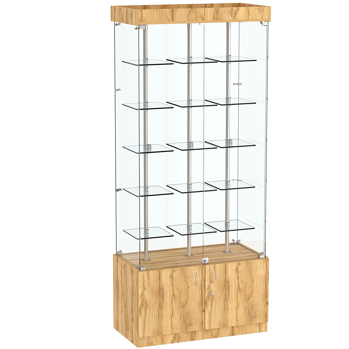 Стеклянная торговая витрина широкая с верхней подсветкой и маленькими прозрачными полками Фрактал №1-1 Дуб Золотистый