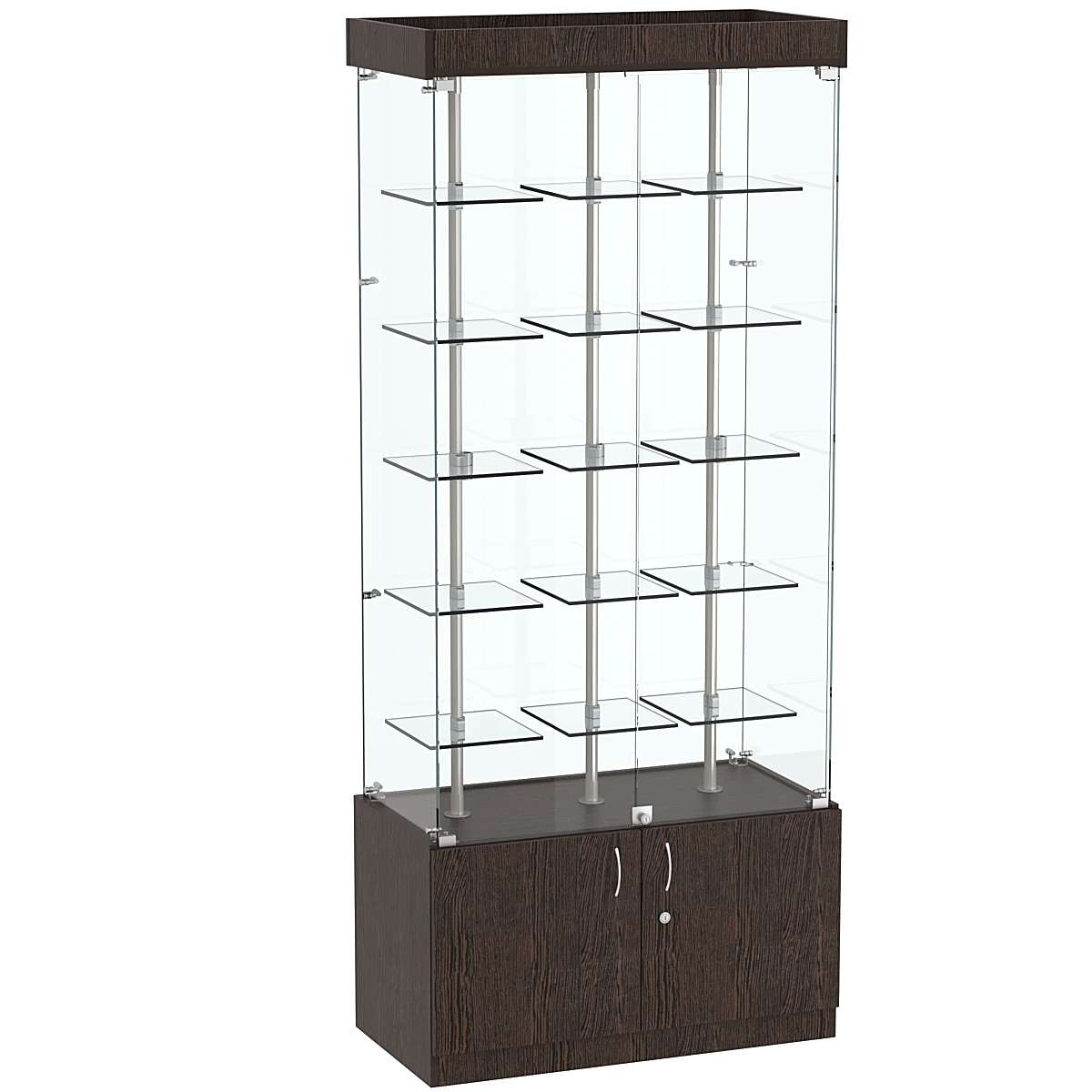 Стеклянная торговая витрина широкая с верхней подсветкой и маленькими прозрачными полками Фрактал №1-1 Дуб Венге