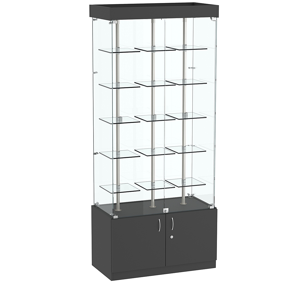 Стеклянная торговая витрина широкая с верхней подсветкой и маленькими прозрачными полками Фрактал №1-1 Черный