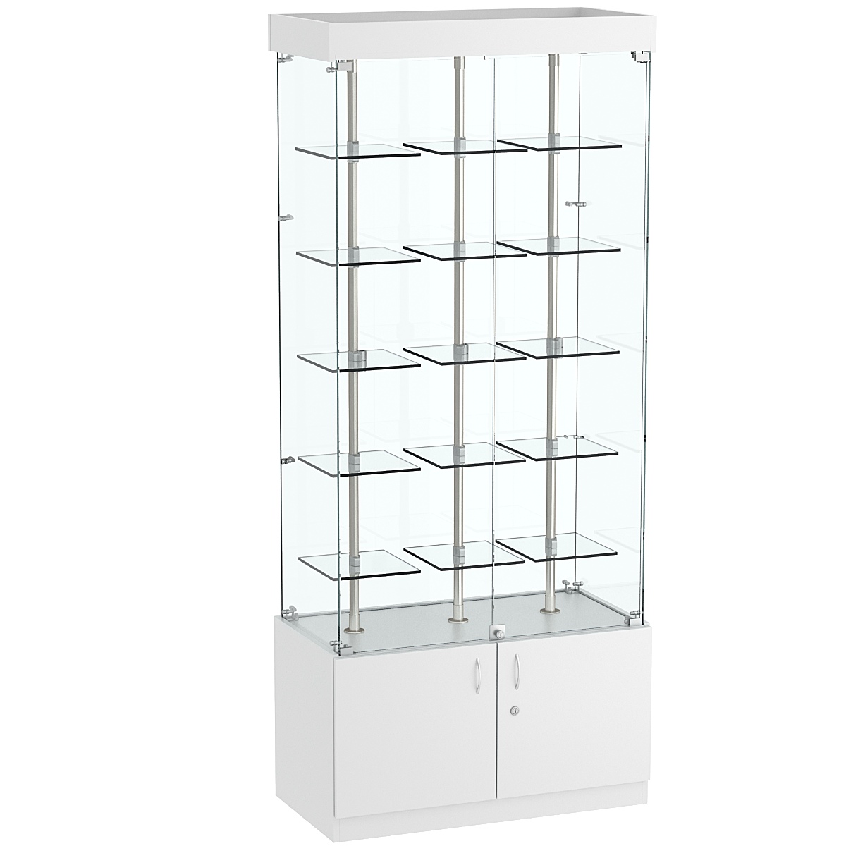 Стеклянная торговая витрина широкая с верхней подсветкой и маленькими прозрачными полками Фрактал №1-1 Серый