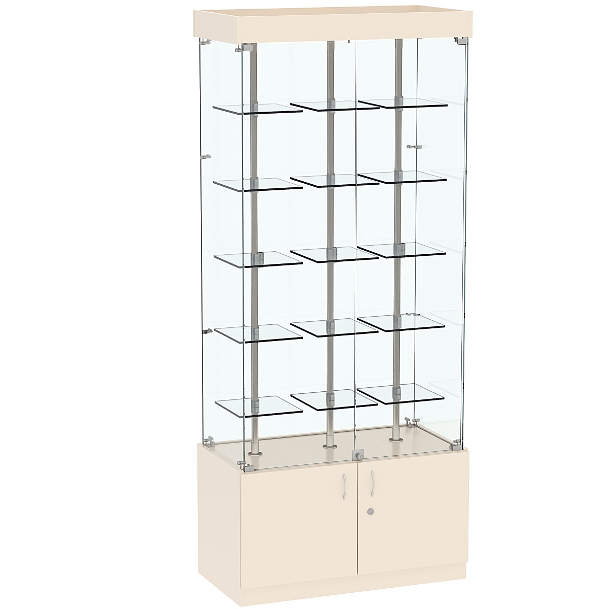 Стеклянная торговая витрина широкая с верхней подсветкой и маленькими прозрачными полками Фрактал №1-1 Крем Вайс