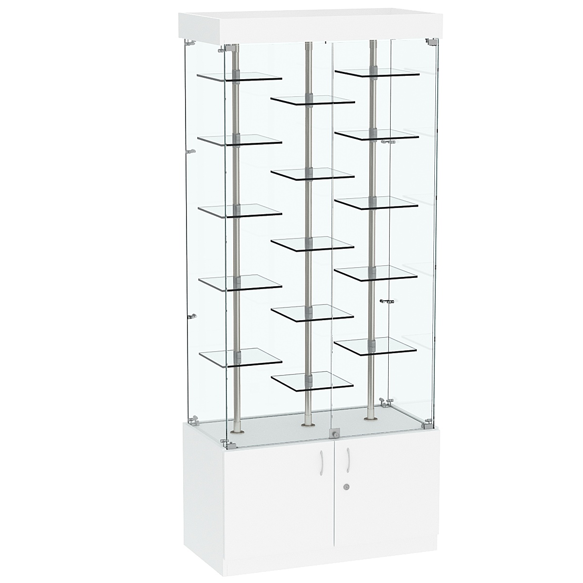 Стеклянная торговая витрина с двойными регулируемыми по высоте полочками Фрактал №1-2 Белый