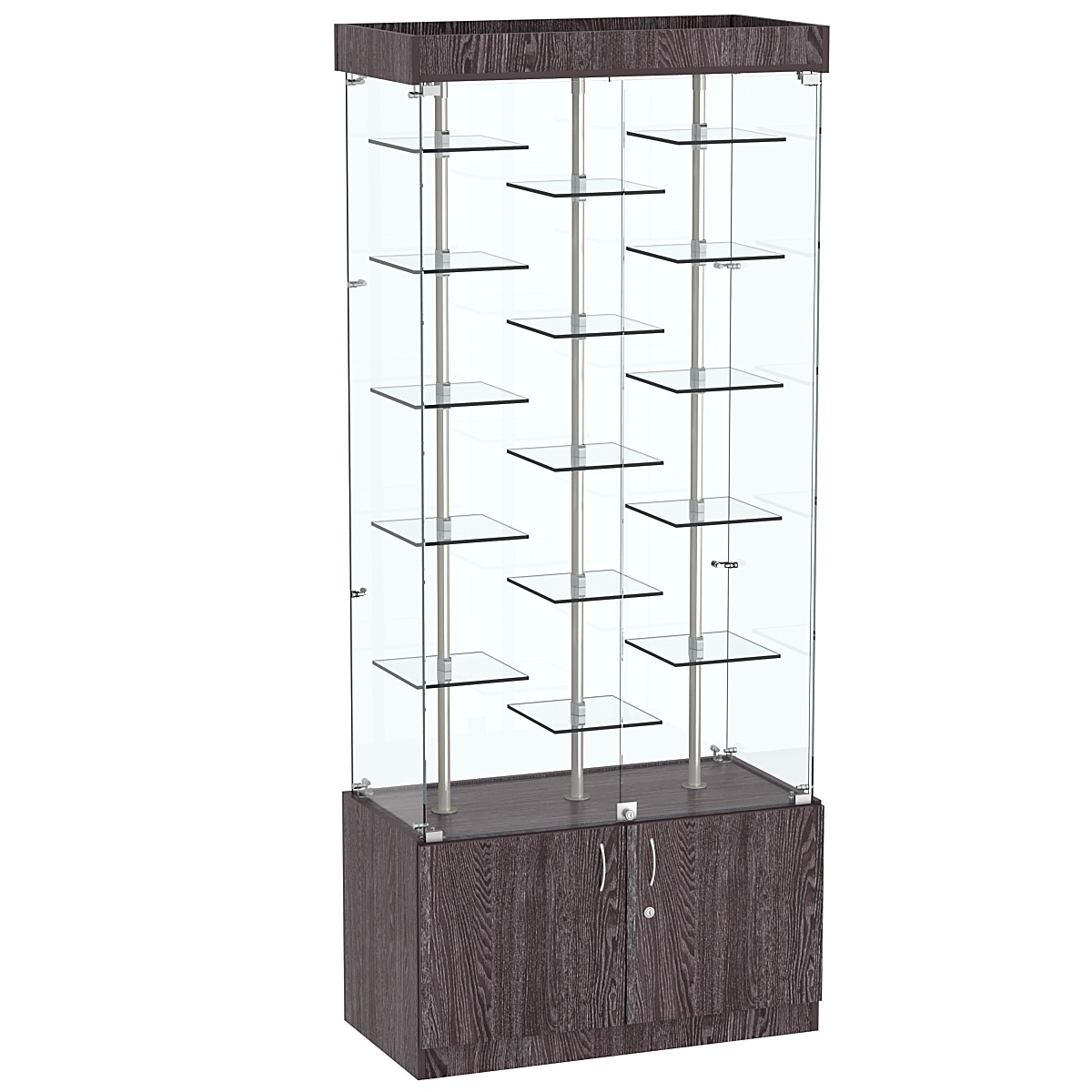 Стеклянная торговая витрина с двойными регулируемыми по высоте полочками Фрактал №1-2 Ясень Анкор темный - U31105