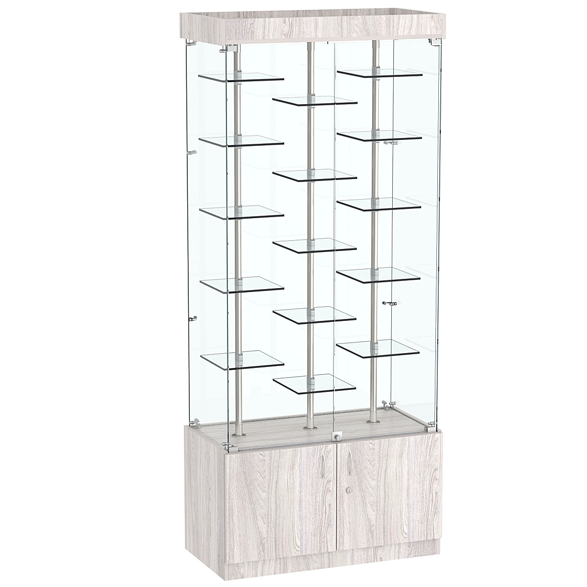 Стеклянная торговая витрина с двойными регулируемыми по высоте полочками Фрактал №1-2 Ясень Анкор светлый - U31104