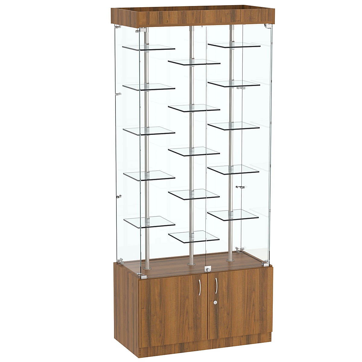 Стеклянная торговая витрина с двойными регулируемыми по высоте полочками Фрактал №1-2 Орех