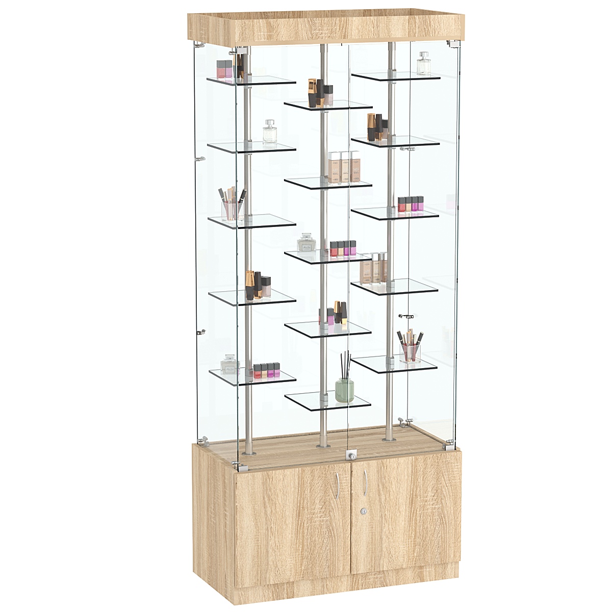 Стеклянная торговая витрина с двойными регулируемыми по высоте полочками Фрактал №1-2 Дуб сонома