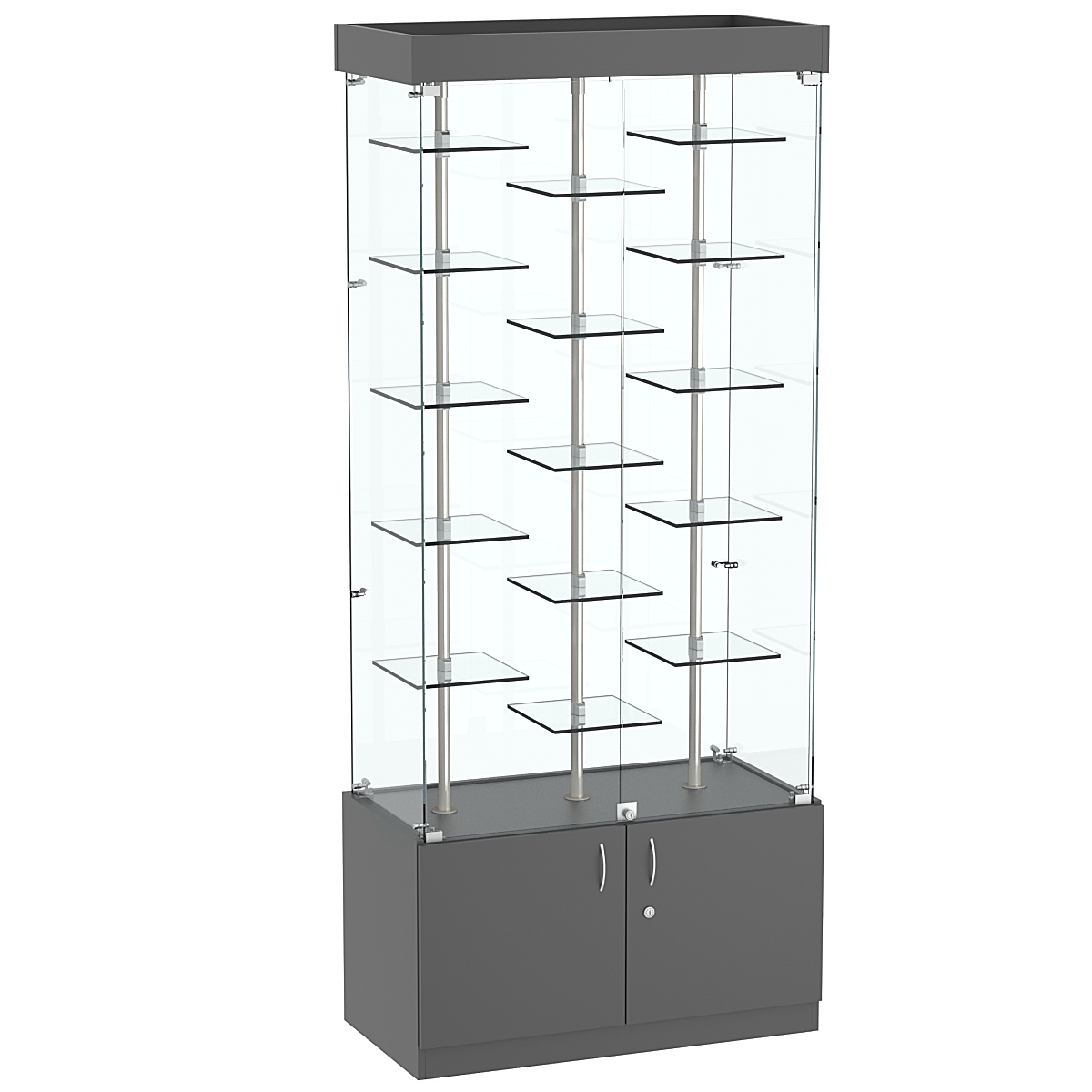 Стеклянная торговая витрина с двойными регулируемыми по высоте полочками Фрактал №1-2 Темно-Серый