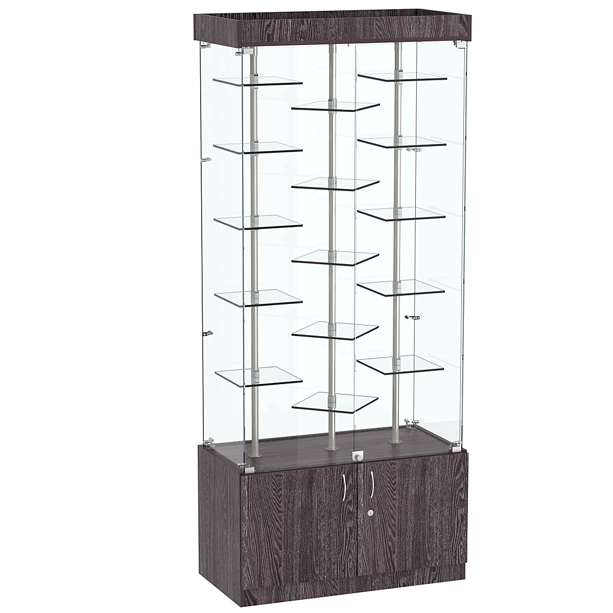 Стеклянная торговая витрина с прозрачными стенками и миниатюрными демонстраци- онными полочками Фрактал №1-3 Ясень Анкор темный - U31105