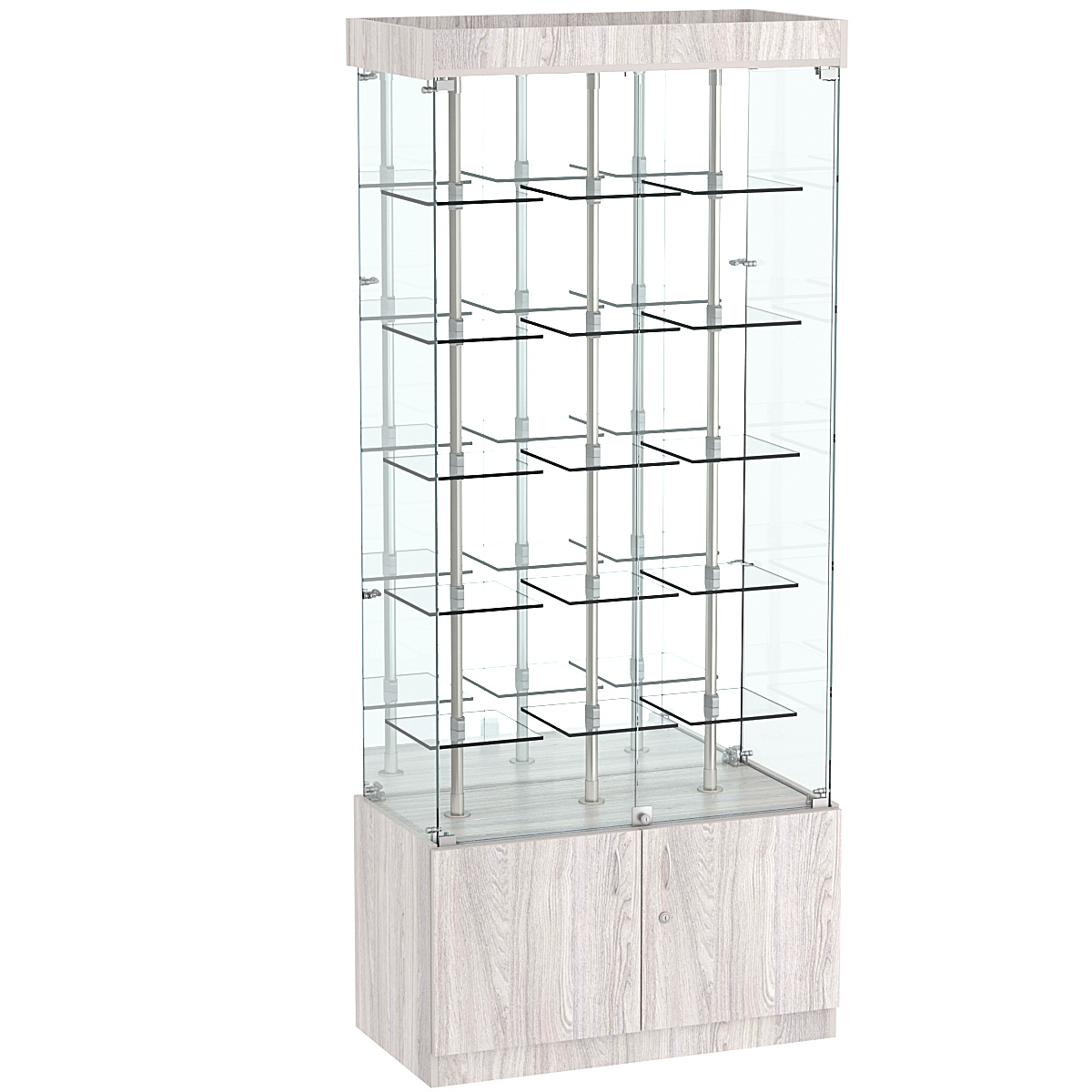 Стеклянная торговая витрина зеркальная с маленькими прозрачными полками Фрактал №3-1 Ясень Анкор светлый - U31104