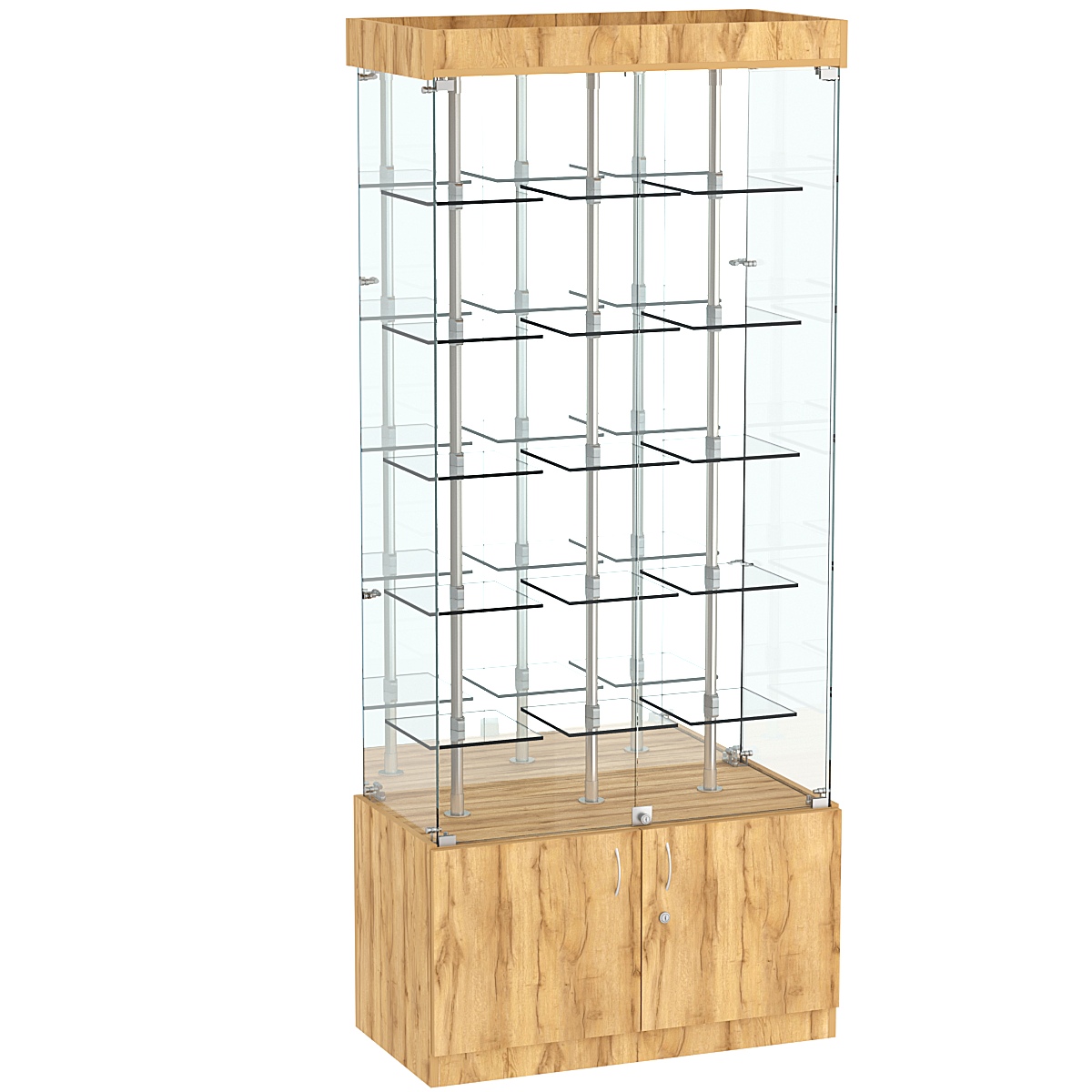 Стеклянная торговая витрина зеркальная с маленькими прозрачными полками Фрактал №3-1 Дуб Золотистый