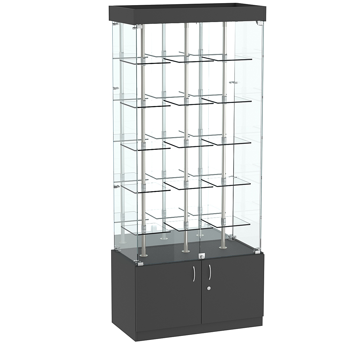 Стеклянная торговая витрина зеркальная с маленькими прозрачными полками Фрактал №3-1 Черный