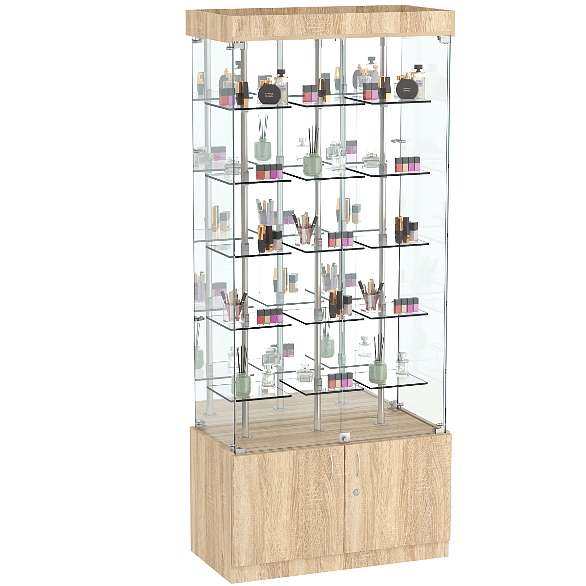 Стеклянная торговая витрина зеркальная с маленькими прозрачными полками Фрактал №3-1 Дуб сонома