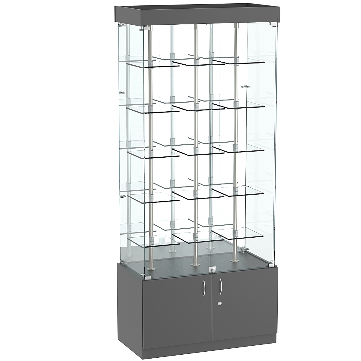 Стеклянная торговая витрина зеркальная с маленькими прозрачными полками Фрактал №3-1 Темно-Серый