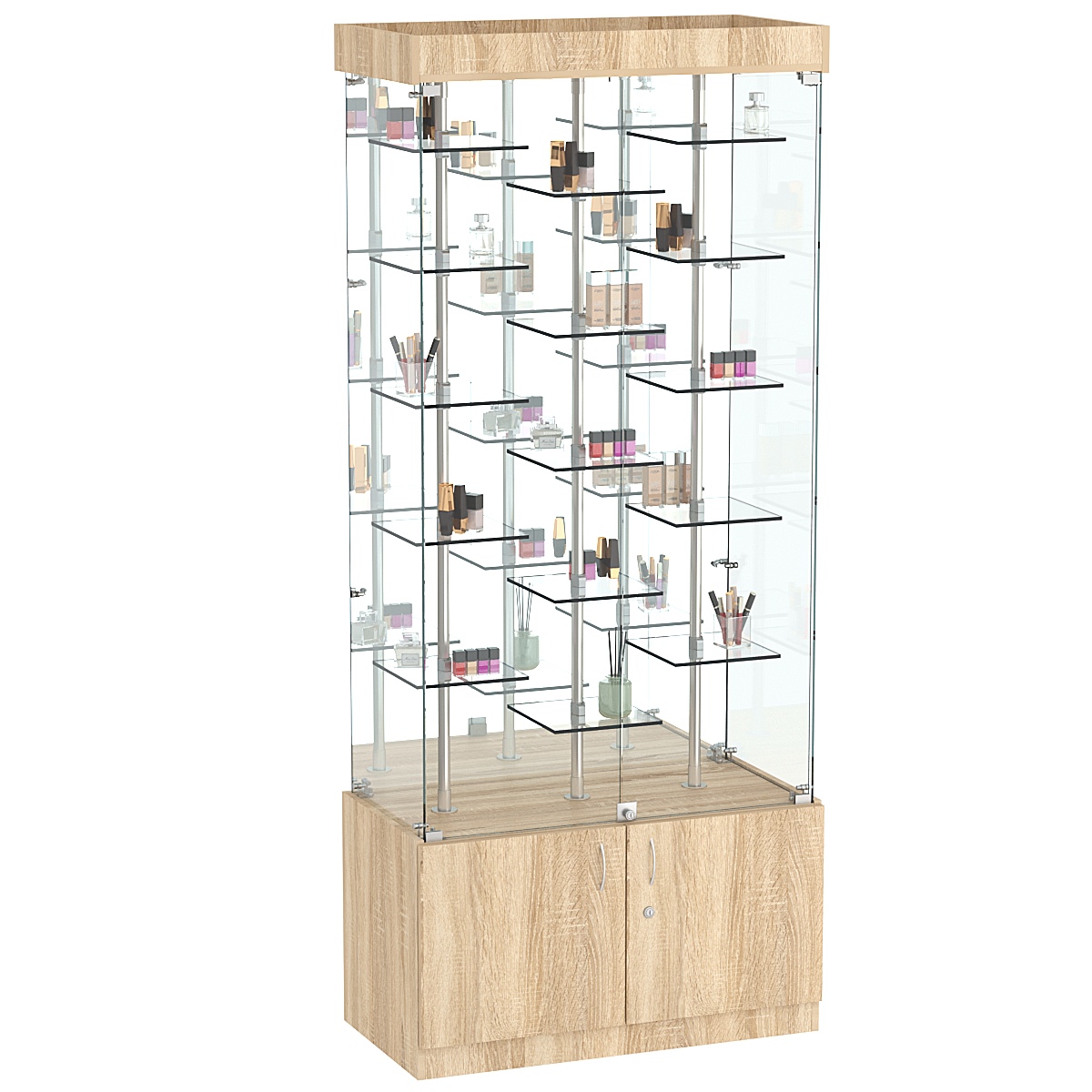 Стеклянная торговая витрина широкая с пятнадцатью двойными полочками из прозрачного стекла Фрактал №3-2 Дуб сонома