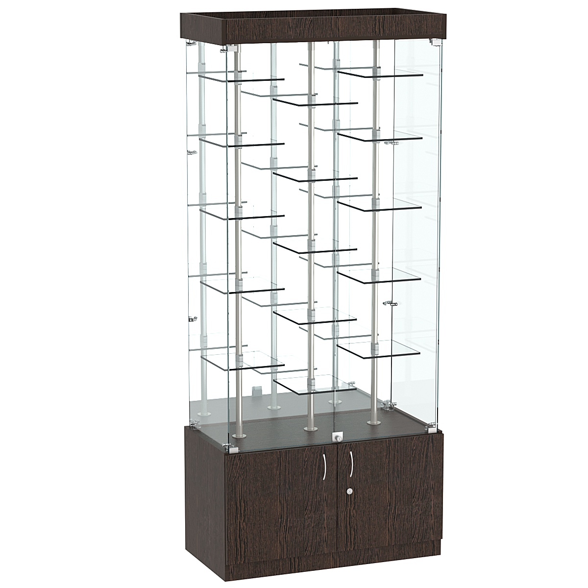 Стеклянная торговая витрина широкая с пятнадцатью двойными полочками из прозрачного стекла Фрактал №3-2 Дуб Венге