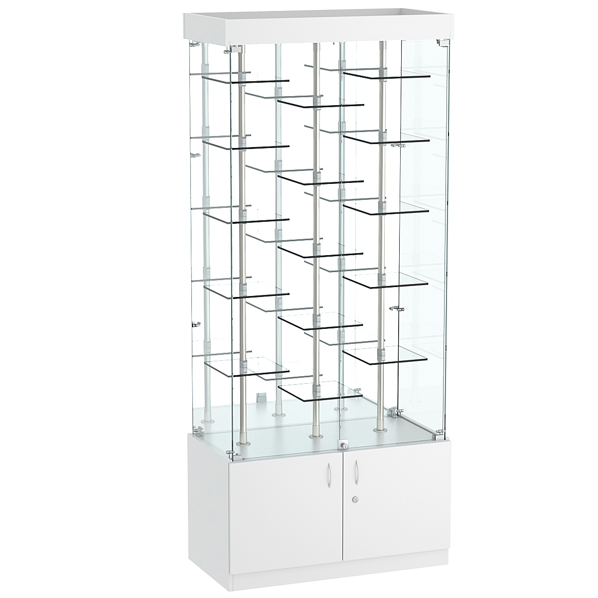 Стеклянная торговая витрина широкая с пятнадцатью двойными полочками из прозрачного стекла Фрактал №3-2 Серый