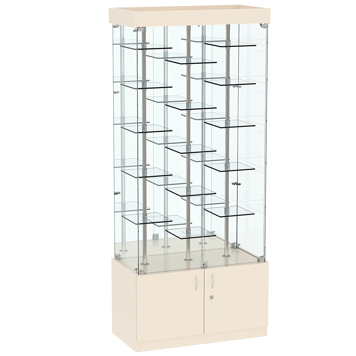 Стеклянная торговая витрина широкая с пятнадцатью двойными полочками из прозрачного стекла Фрактал №3-2 Крем Вайс