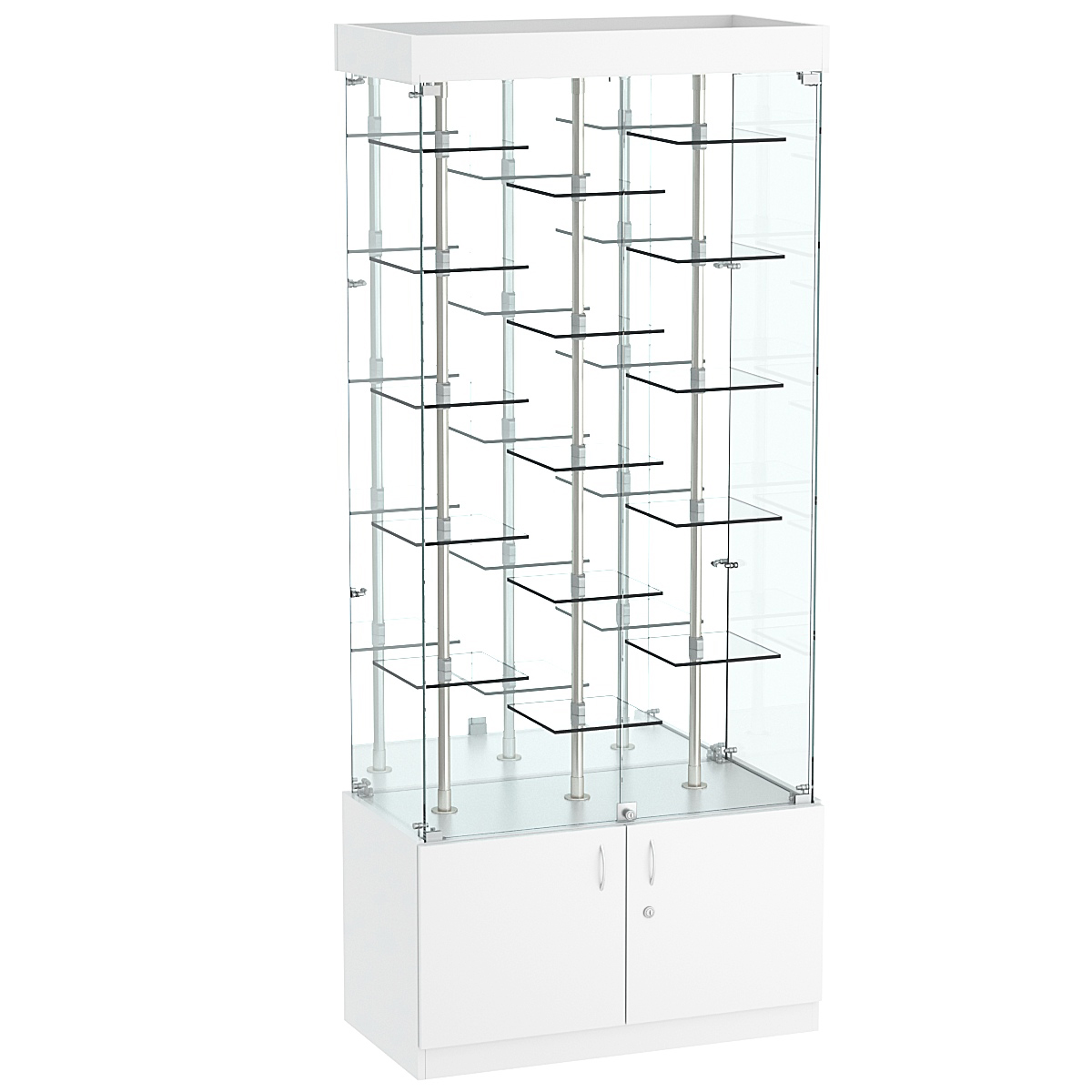 Стеклянная торговая витрина широкая с пятнадцатью двойными полочками из прозрачного стекла Фрактал №3-2 Белый