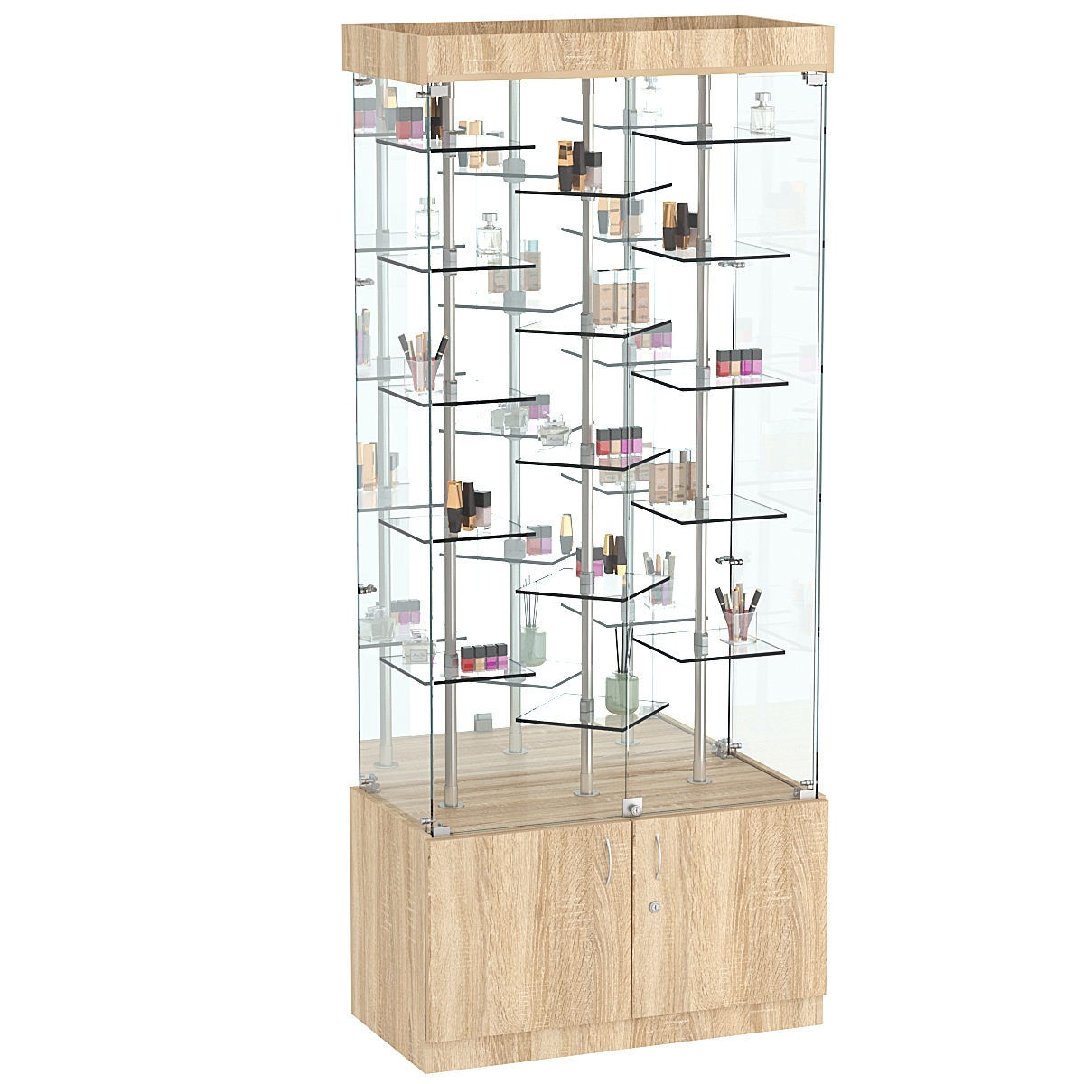Стеклянная торговая витрина прямоугольная с зеркальной стенкой и прозрачными полками Фрактал №3-3 Дуб сонома