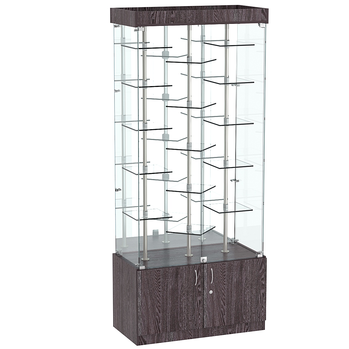 Стеклянная торговая витрина прямоугольная с зеркальной стенкой и прозрачными полками Фрактал №3-3 Ясень Анкор темный - U31105