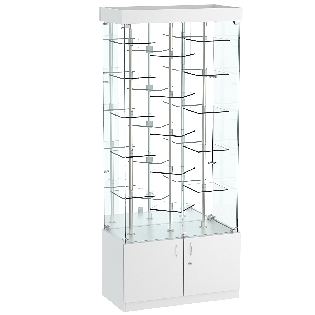 Стеклянная торговая витрина прямоугольная с зеркальной стенкой и прозрачными полками Фрактал №3-3 Серый