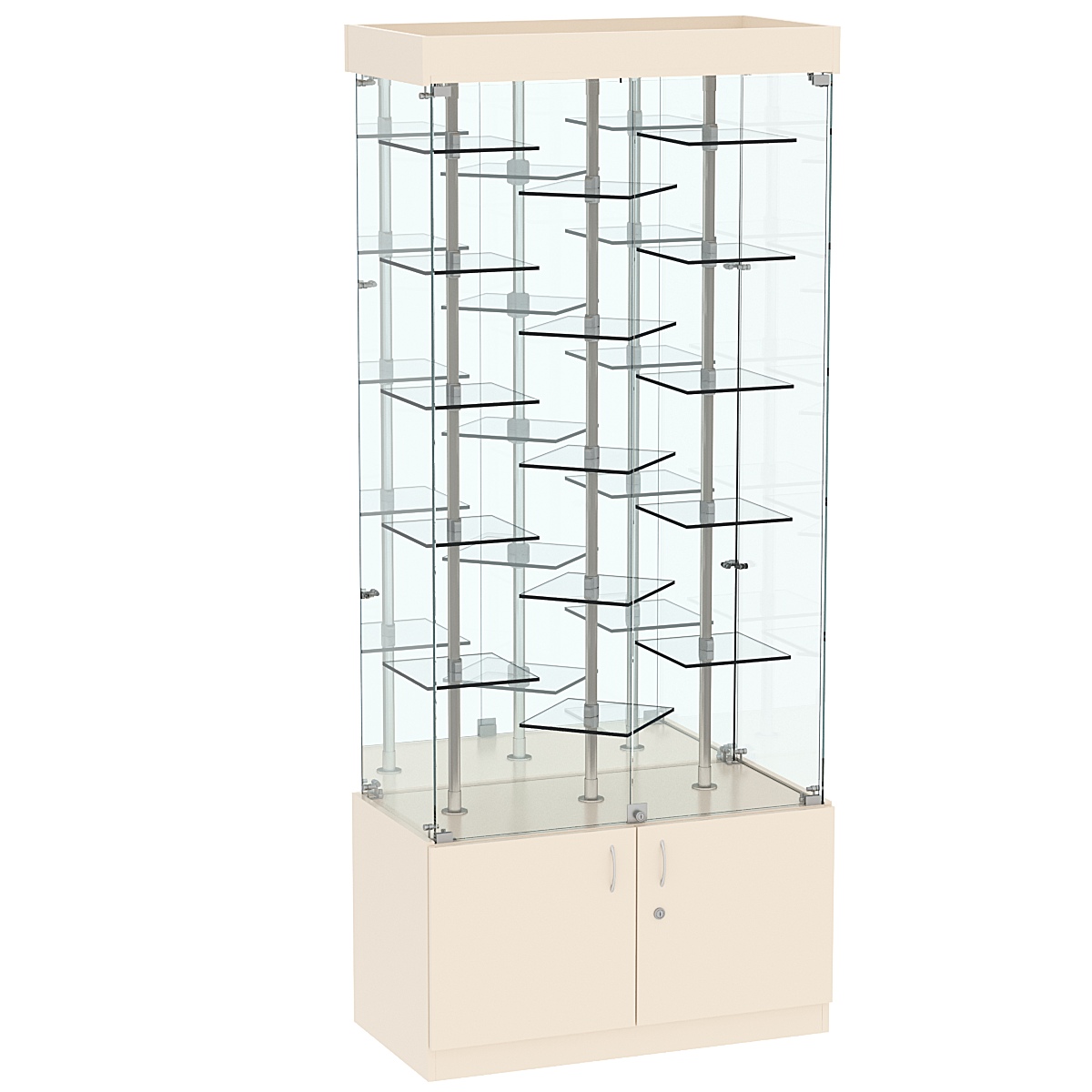 Стеклянная торговая витрина прямоугольная с зеркальной стенкой и прозрачными полками Фрактал №3-3 Крем Вайс