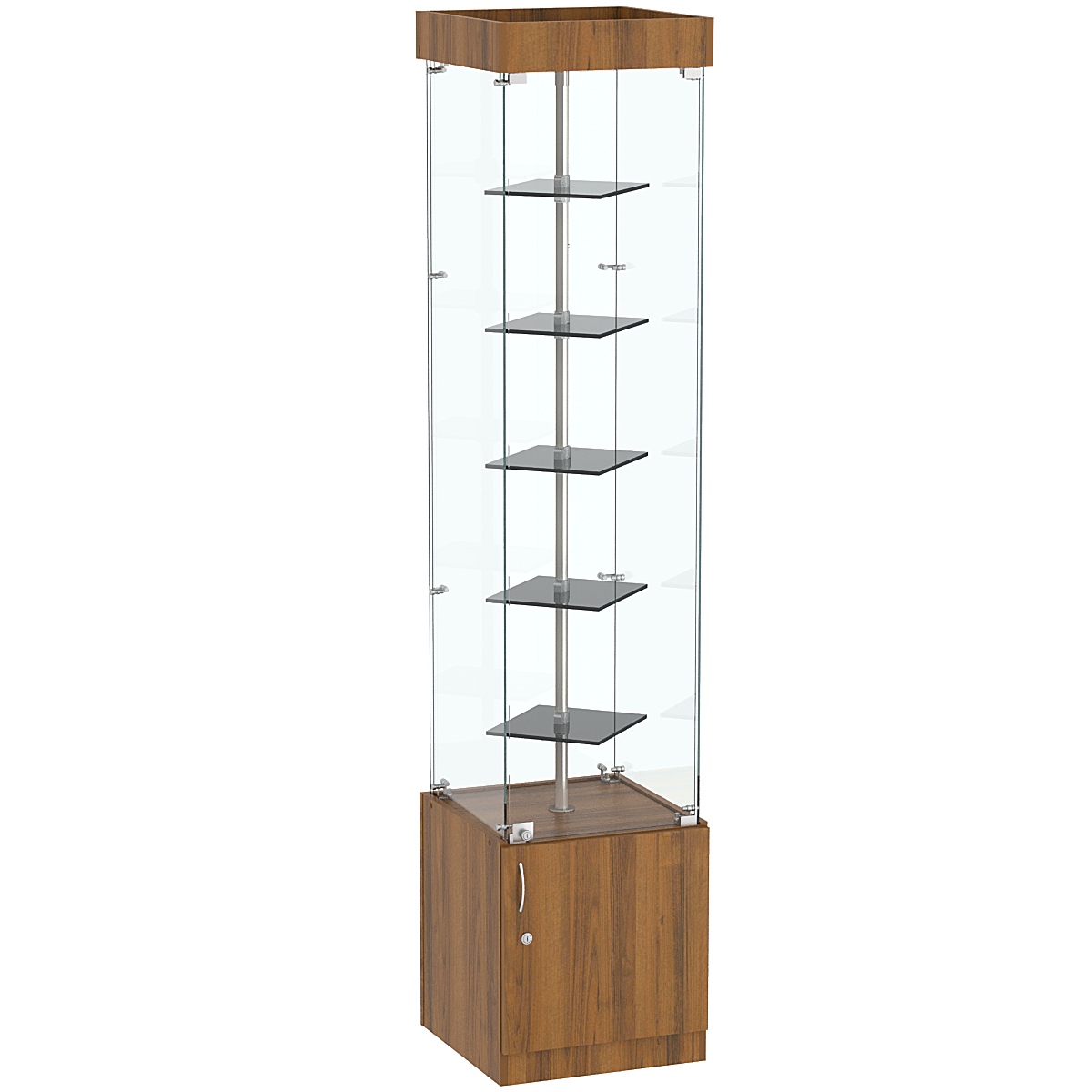 Квадратная стеклянная торговая витрина с маленькими тонированными полками Dark №2-2 Орех