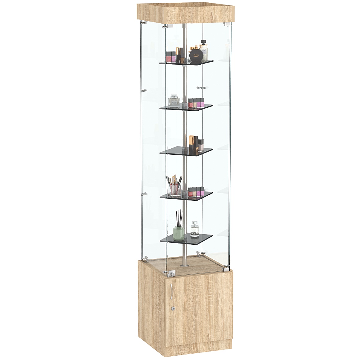 Квадратная стеклянная торговая витрина с маленькими тонированными полками Dark №2-2 Дуб сонома