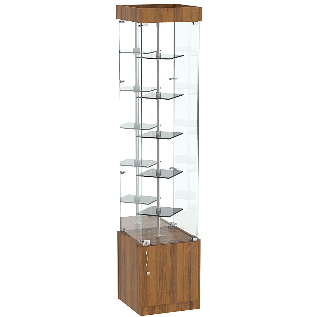 Стеклянная торговая витрина зеркальная с маленькими тонированными полками Dark №4-1 Орех