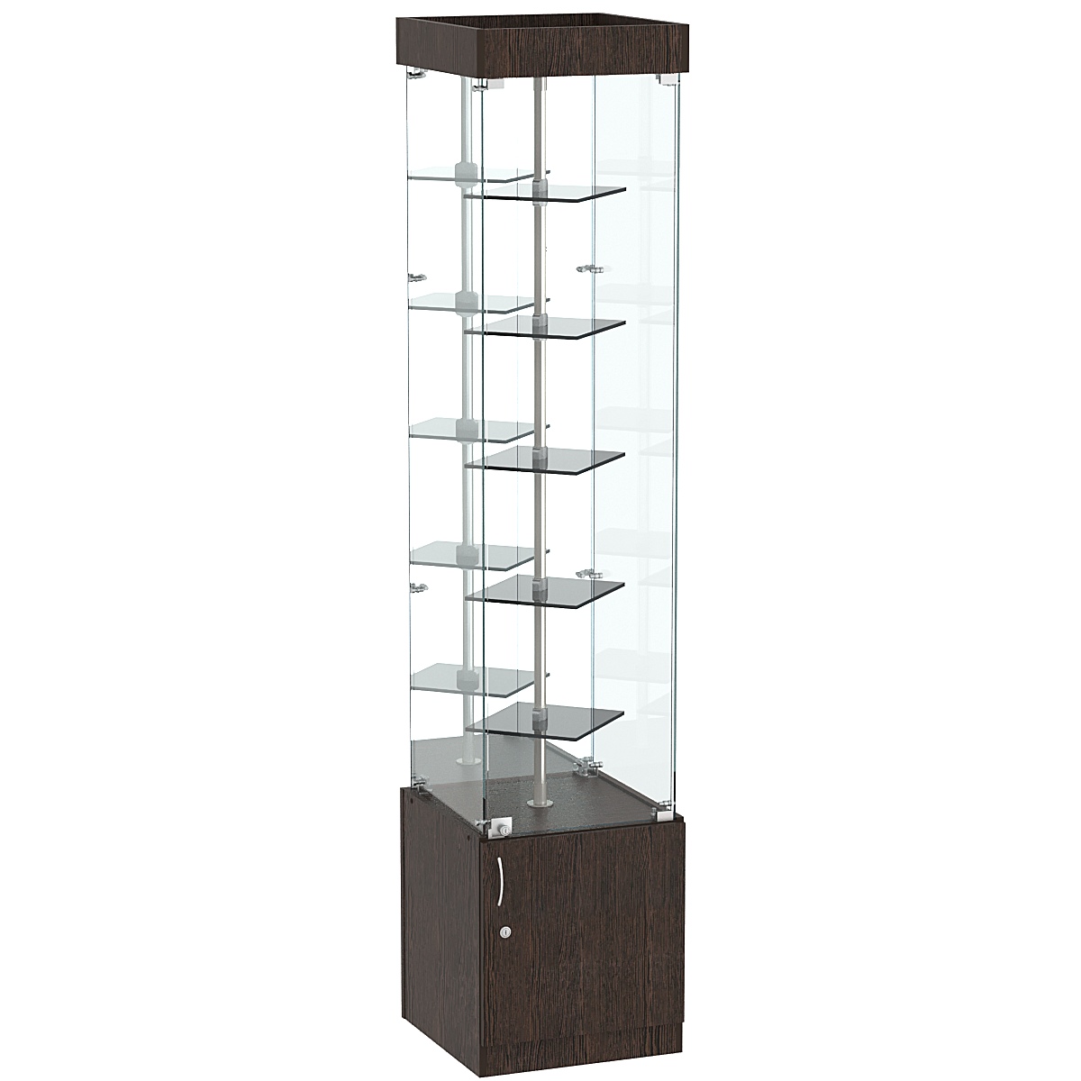 Стеклянная торговая витрина зеркальная с маленькими тонированными полками Dark №4-1 Дуб Венге