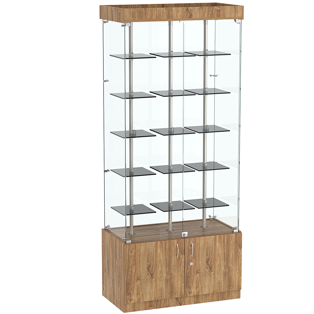 Стеклянная торговая витрина прямоугольная с маленькими тонированными полками Dark №1-1 Дуб канзас коричневый Н1113 ST10