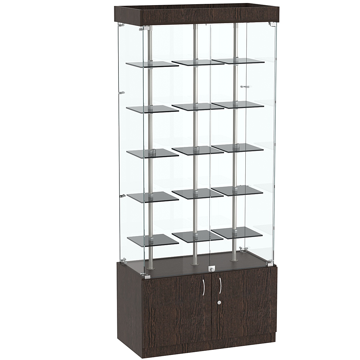 Стеклянная торговая витрина прямоугольная с маленькими тонированными полками Dark №1-1 Дуб Венге