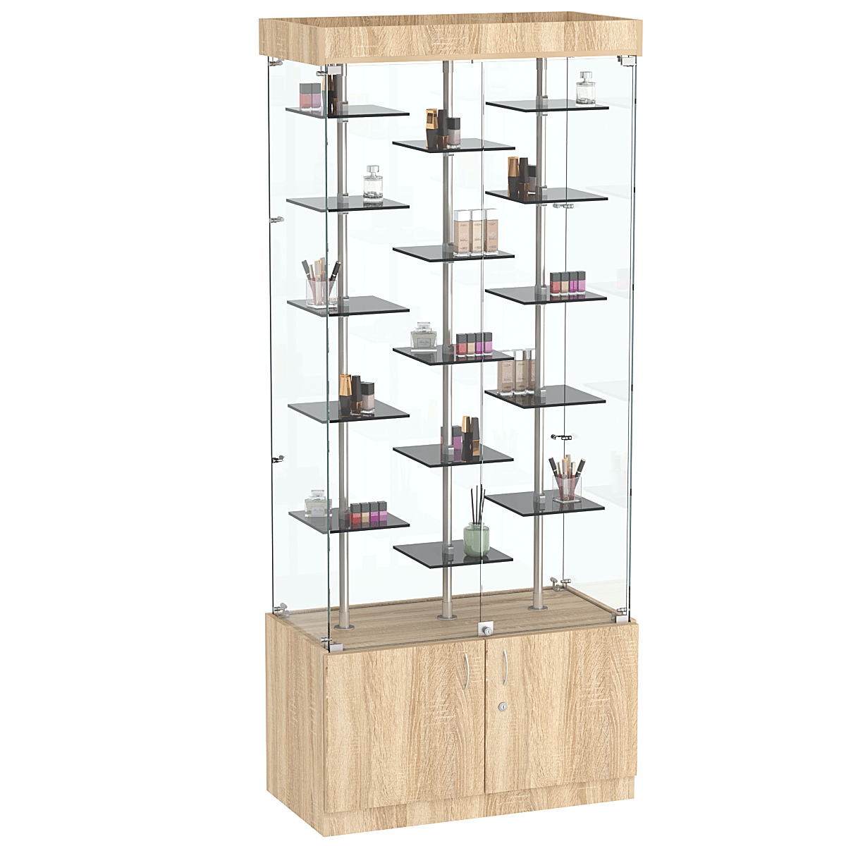 Стеклянная торговая витрина с подсветкой и маленькими тонированными полками Dark №1-2 Дуб сонома