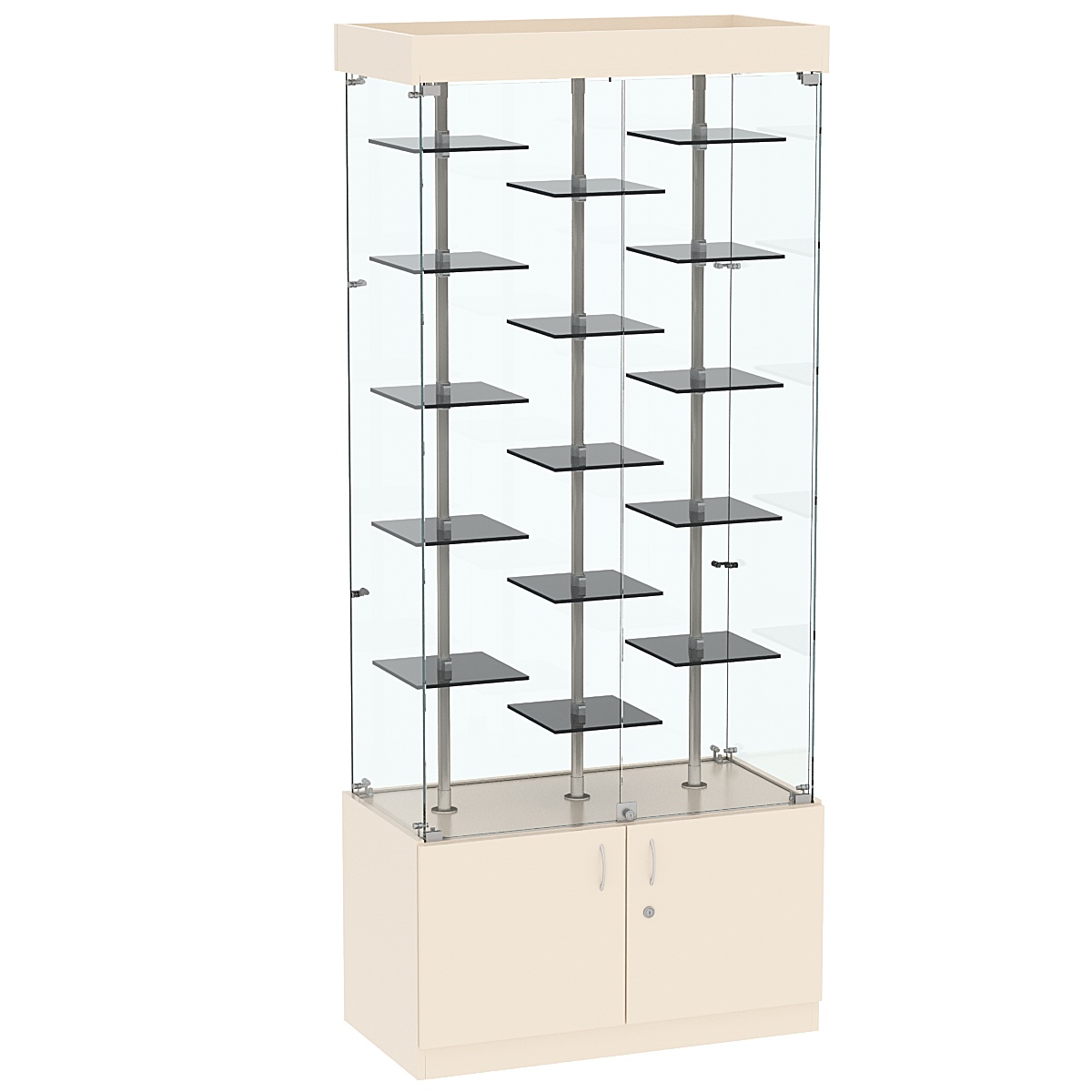 Стеклянная торговая витрина с подсветкой и маленькими тонированными полками Dark №1-2 Крем Вайс