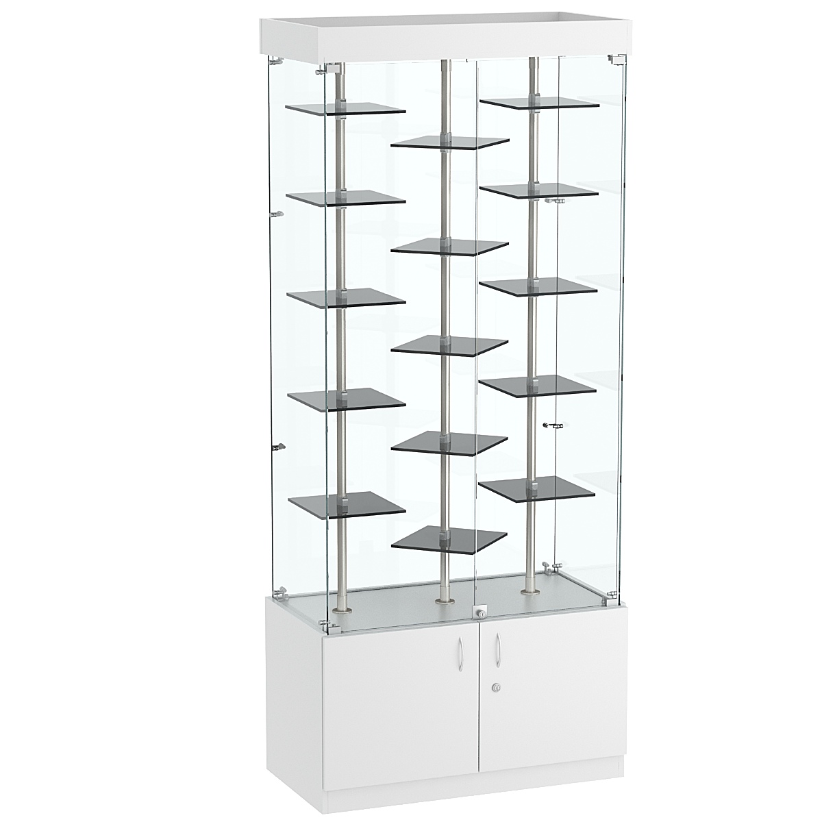 Стеклянная торговая витрина в прозрачном каркасе с маленькими тонированными полками Dark №1-3 Серый