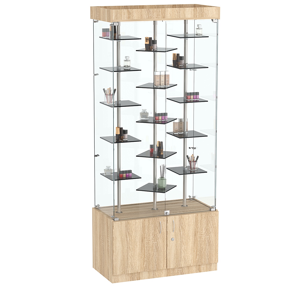 Стеклянная торговая витрина в прозрачном каркасе с маленькими тонированными полками Dark №1-3 Дуб сонома